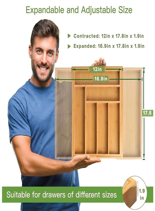 Trendy Trays منظم أدراج عصري من الخيزران قابل للتوسيع لأدوات المطبخ، صينية أدوات مائدة قابلة للتعديل، منظم أدراج خشبي لأدوات المائدة الفضية، وأدوات المائدة، والسكاكين في المطبخ، وغرفة النوم، وغرفة المعيشة (12-16.9 بوصة) - Image 2